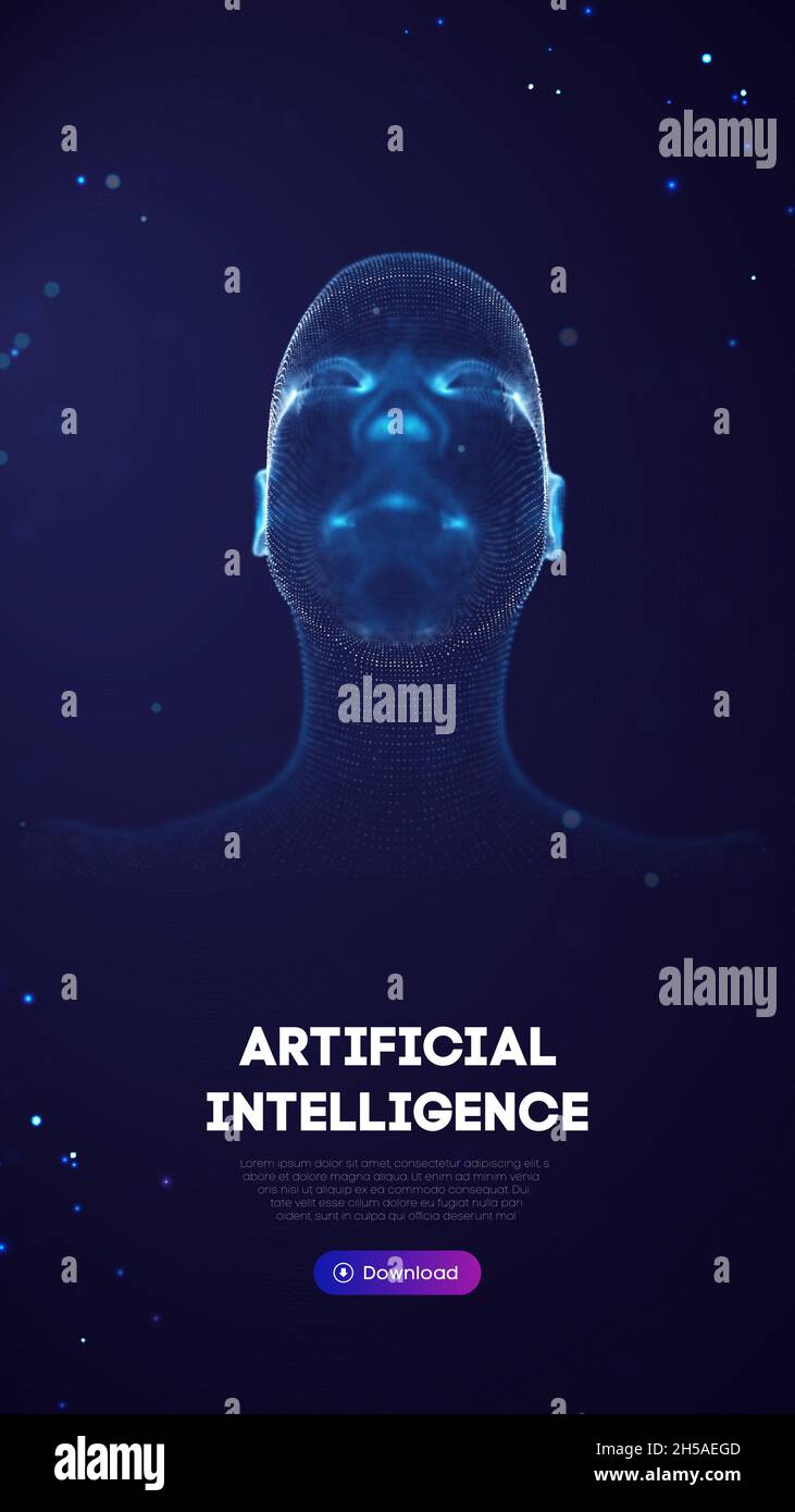 Ai digital brain. Artificial intelligence woman. Human head robot digital technology background. Stock Vector