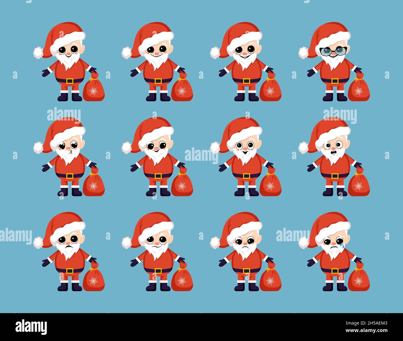 Set of Santa Clauses in red suit and hat with bag of gifts. Symbol of ...