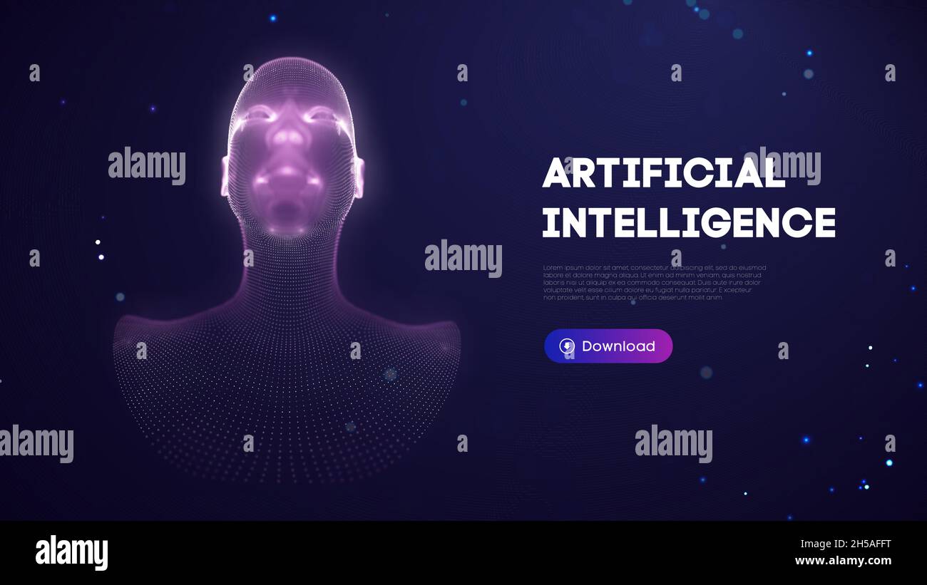 Ai digital brain. Artificial intelligence woman. Human head robot digital technology background. Stock Vector