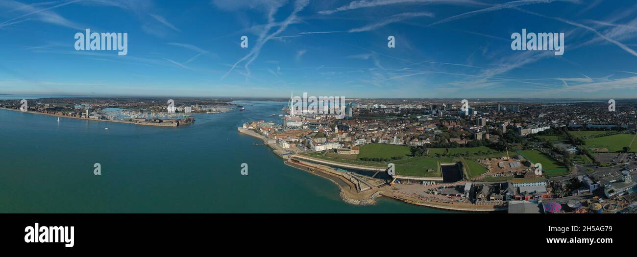Portsmouth City aerial pano with Spice Island next to the entrance to the harbour and the Spinnaker Tower in view. Aerial panorama. Stock Photo
