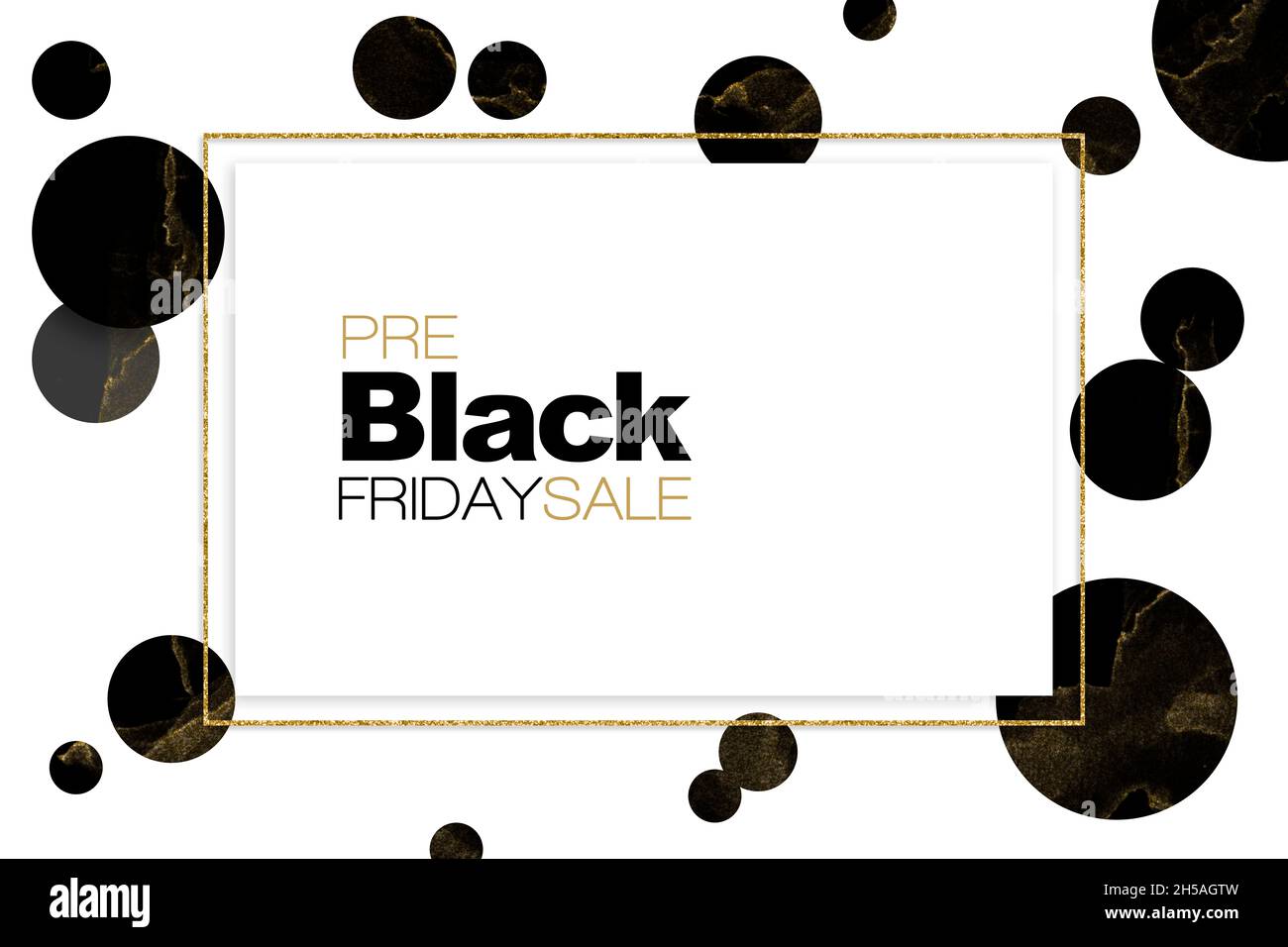 Pre Black Friday sale poster or card design with gold glitter frame on a black and white polka dot background. Business advertising, flyer, card, post Stock Photo