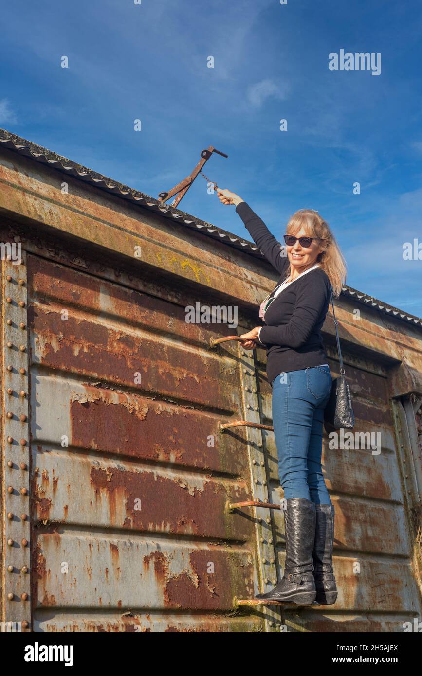 Adult woman with sunglasses climbing an abandoned train car ladder Stock Photo Alamy