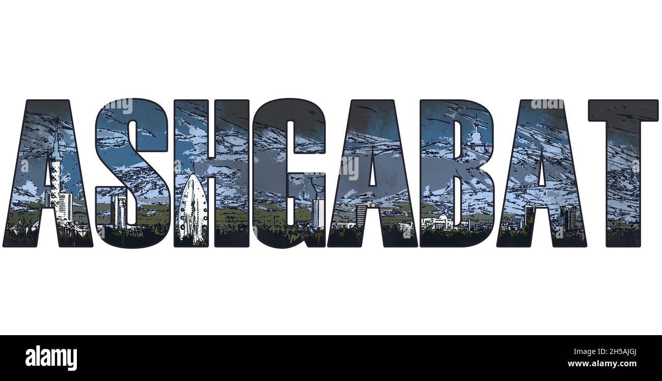 Bold text 'ASHGABAT' with a clipped image of the city. Stock Photo