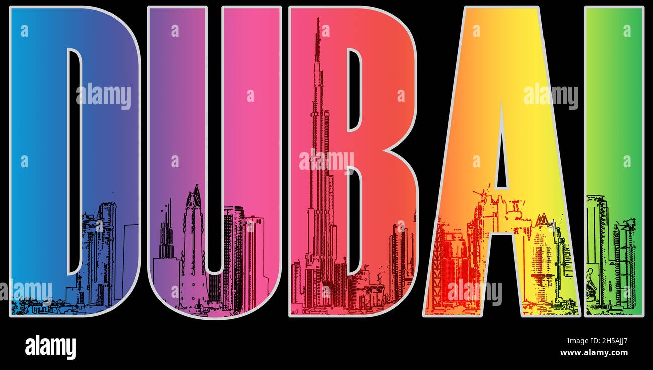 DUBAI letters with a clipped silhouette of the key landmarks of the city Stock Photo
