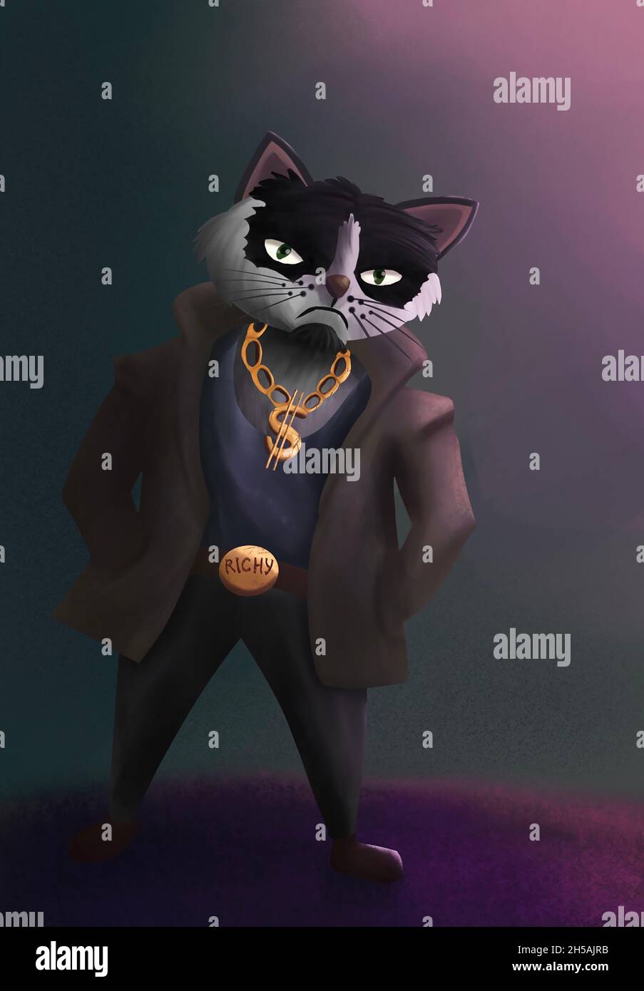 a fashionable cat in a cool jacket at night Stock Photo