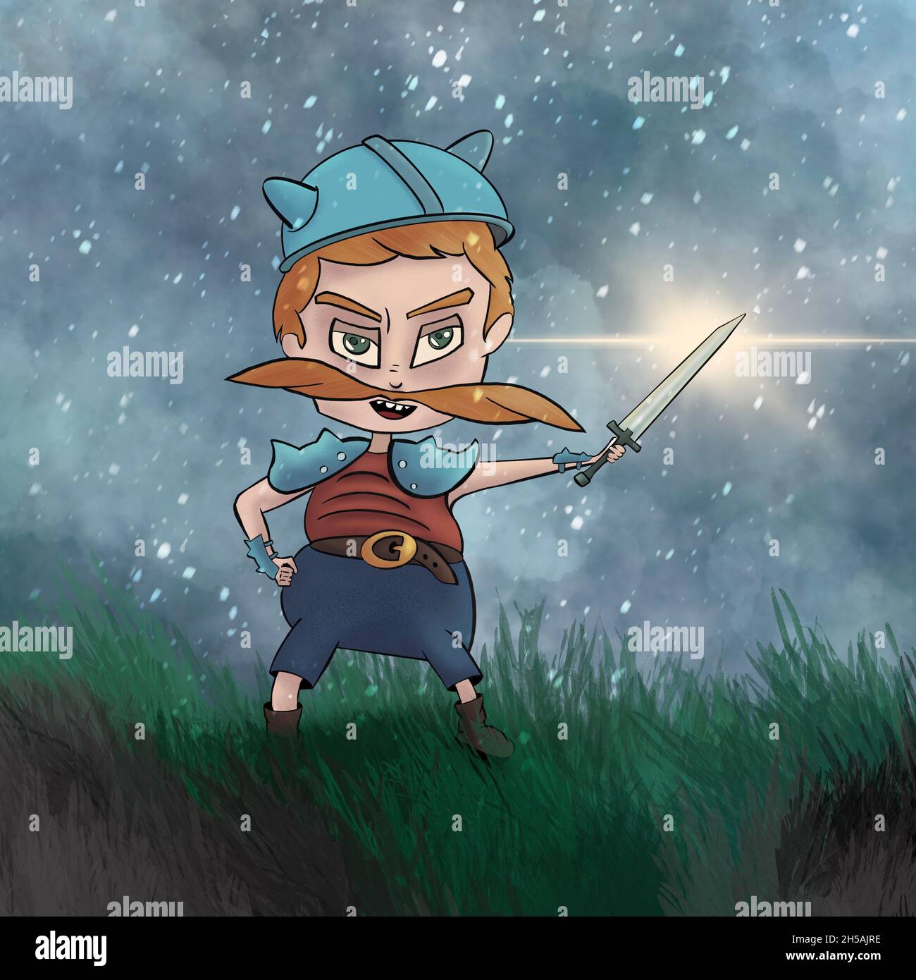 chibi Barberian with huge moustache armed with a magic sword in the grassy field on an overcast snowy day Stock Photo