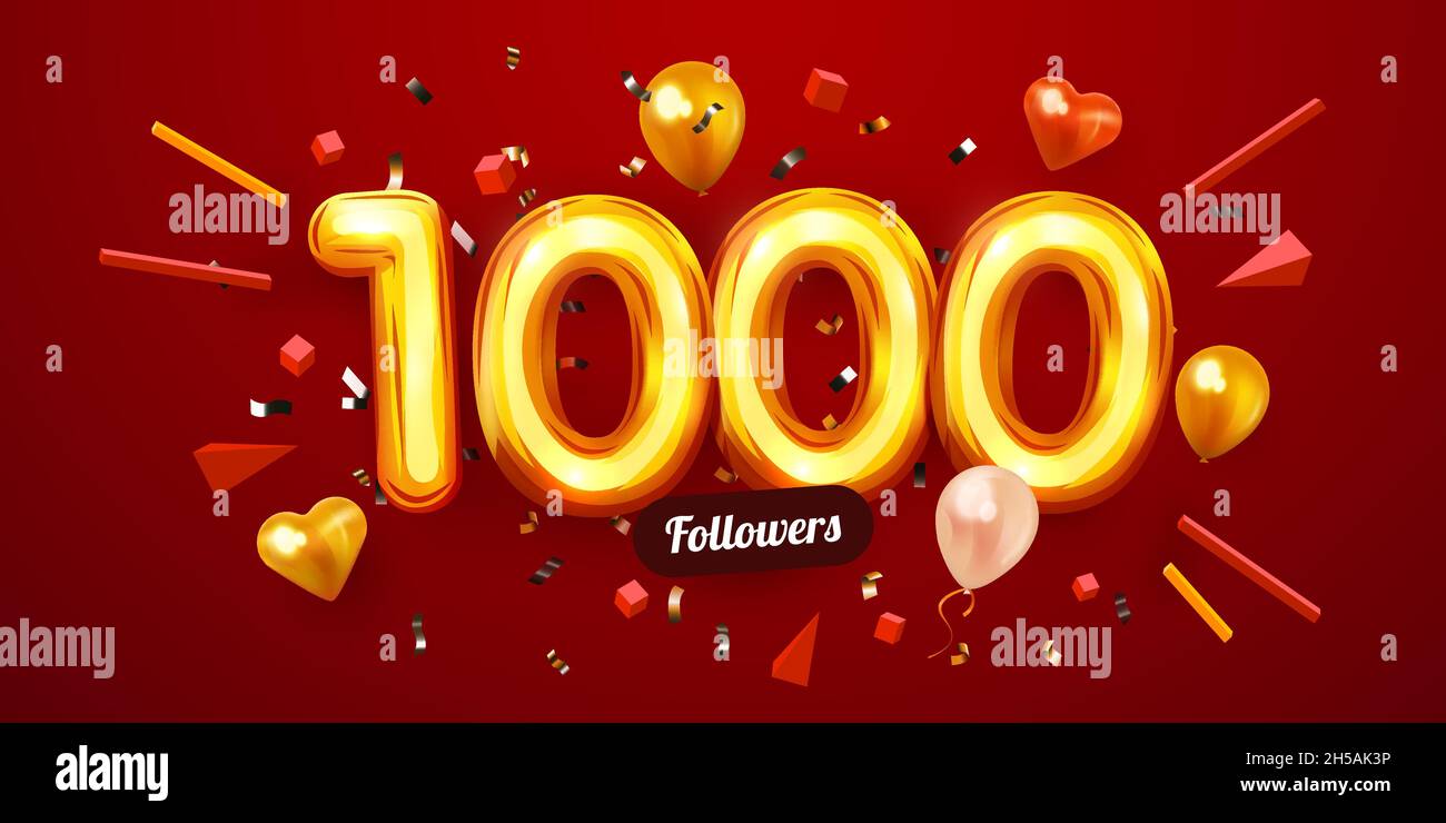 1k or 1000 followers thank you. Golden numbers, confetti and balloons. Social Network friends, followers, Web users. Subscribers, followers or likes celebration. Vector illustration Stock Vector