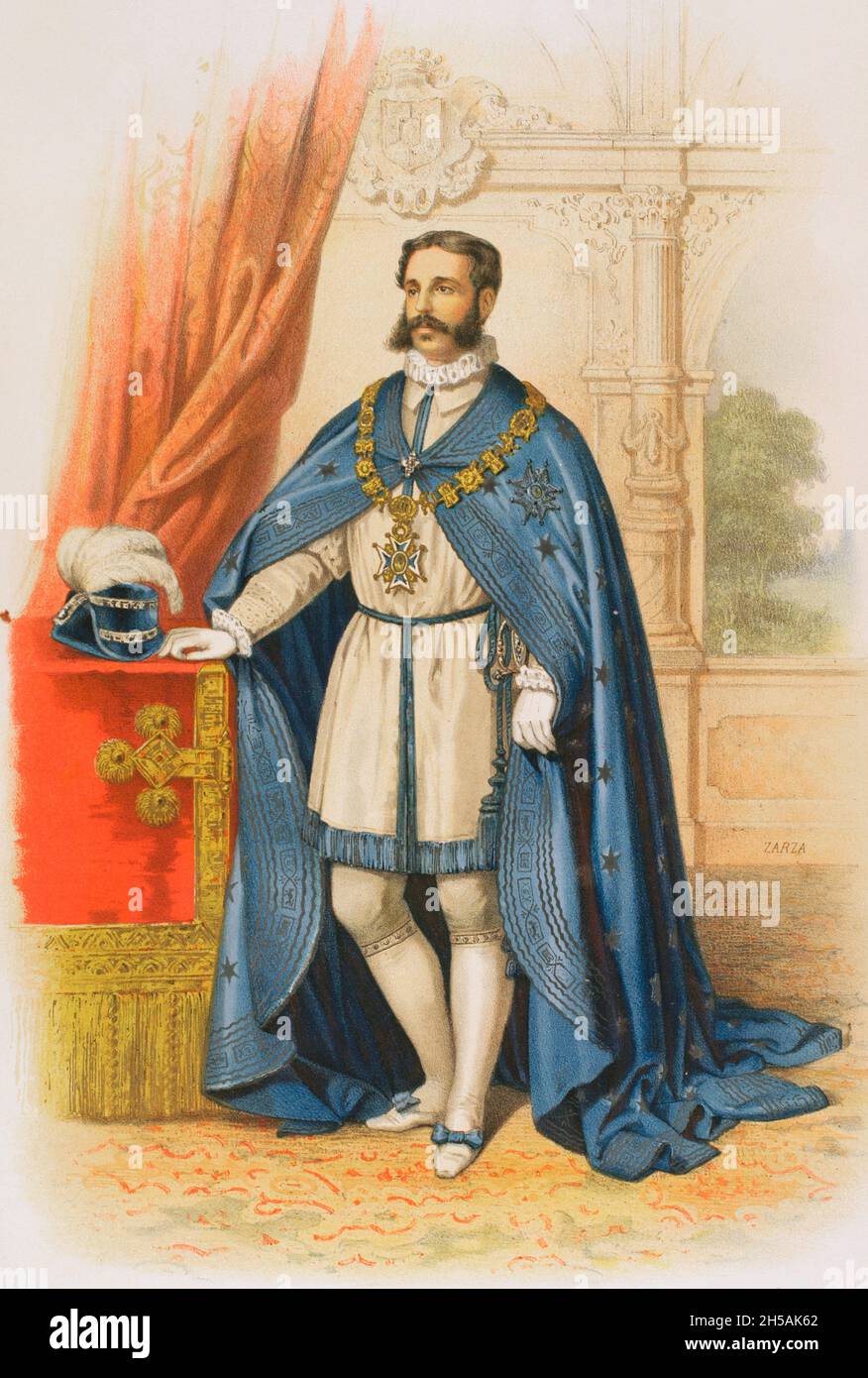 Knight wearing the collar and insignia of the Grand Cross of the Royal and Distinguished Spanish Order of Charles III (formerly Royal and Much Distinguished Order of Charles III). Created by King Charles III of Spain in 1771, to award citizens for their merits and virtues. Chromolithography. 'Historia de las Ordenes de Caballería y de las Condecoraciones Españolas' (History of the Orders of Chivalry and the Spanish Decorations). Madrid, 1865. Spain. Stock Photo