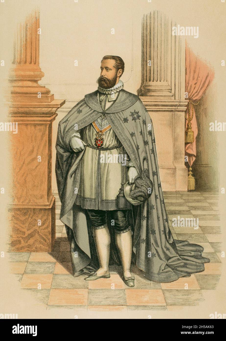 Minister Secretary of the three Orders of Charles III, Noble Ladies of Queen Maria Luisa and Isabella the Catholic, wearing the insignia of this rank and the ceremonial dress of Commander of Number (formerly Pensioner Knights) of the Royal and Distinguished Order of Charles III. Chromolithography. 'Historia de las Ordenes de Caballería y de las Condecoraciones Españolas (History of the Orders of Chivalry and the Spanish Decorations). Madrid, 1865. Spain. Stock Photo