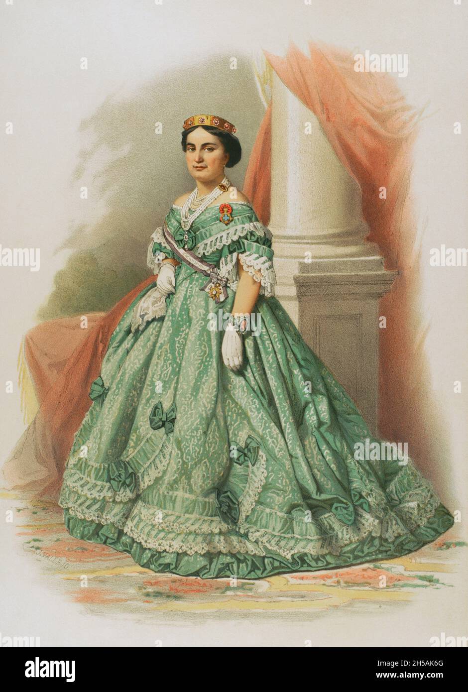 Royal Order of the Noble Ladies of Queen Maria Luisa. Spanish order created by king Charles IV in 1792, reserved only for noble women. Its badge is a band with three stripes: white in the center and purple on the sides. Chromolithography. 'Historia de las Ordenes de Caballería y de las Condecoraciones Españolas' (History of the Orders of Chivalry and the Spanish Decorations). Madrid, 1865. Stock Photo