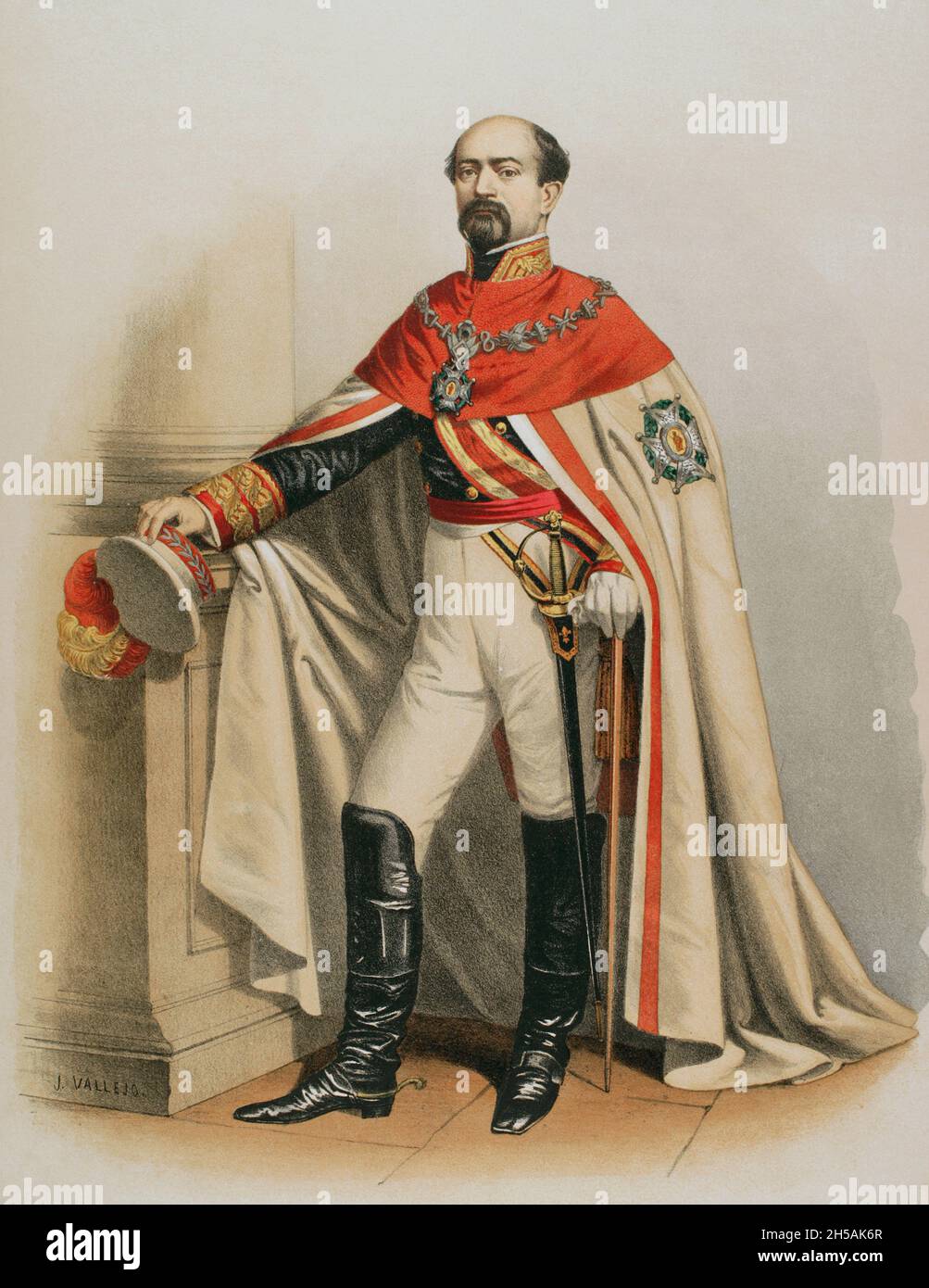 Knight in ceremonial dress and wearing the Grand Cross of the Royal and Military Order of  Saint Ferdinand, also known as the Laureate Cross of Saint Ferdinand. Spain’s highest military decoration for gallantry. The order was established by the Cádiz Cortes in 1811 to honour the heroic fight against the Napoleonic army. General Manuel Pavía y Lacy (1814-1896) wearing the order’s coat and chain. Chromolithography. 'Historia de las Ordenes de Caballería y de las Condecoraciones Españolas' (History of the Orders of Chivalry and the Spanish Decorations). Madrid, 1865. Spain. Stock Photo