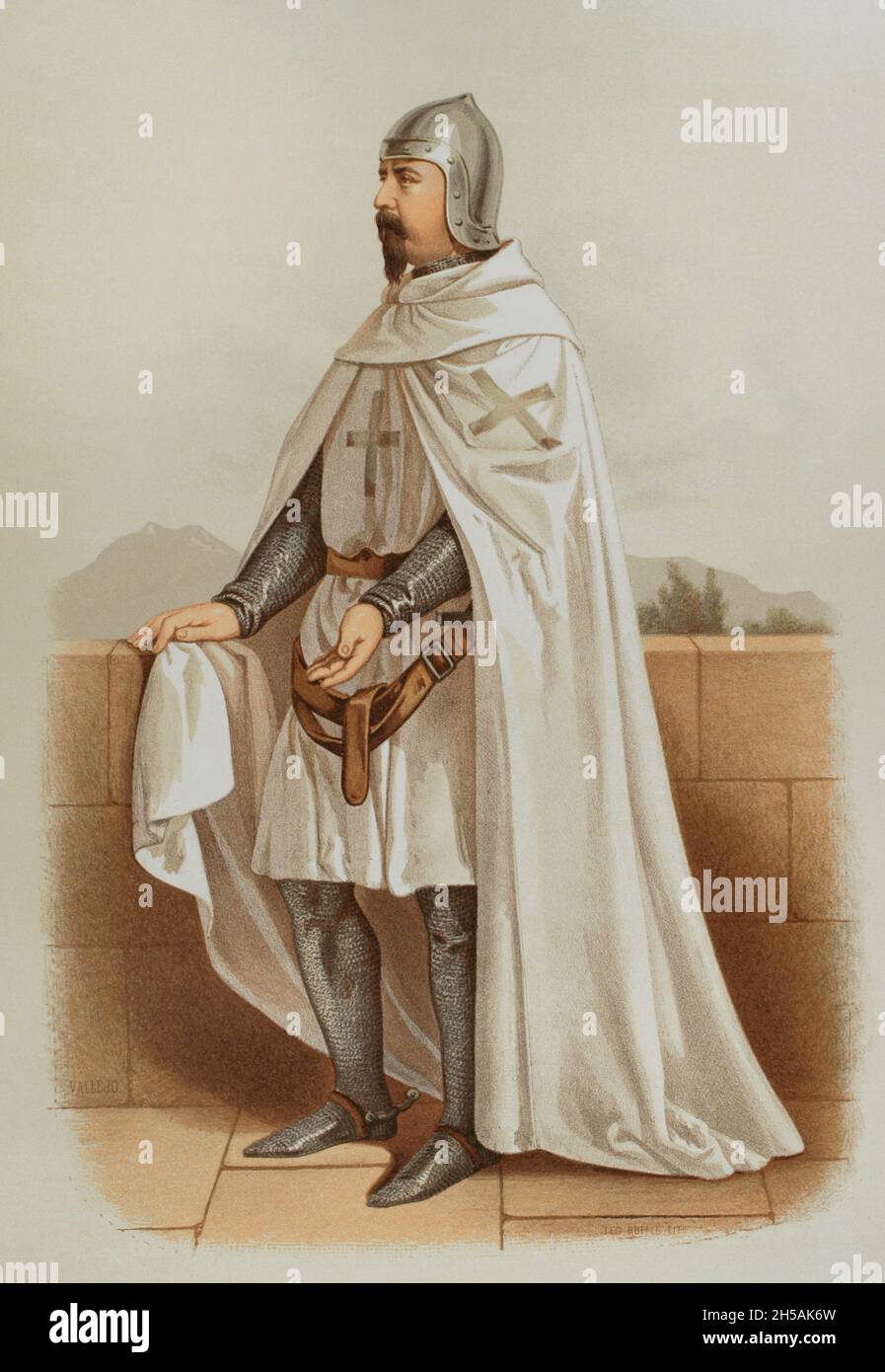 Knight of the Order of San Julian del Pereiro wearing war dress. Founded in Portugal in 1093 with the name of Order of San Julian del Pereiro. After the relocation of their headquarters to the town of Alcántara, the masters began to be called Maestres de la Orden de Alcántara (Masters of the Order of Alcántara) and no longer used their first name. Historia de las Ordenes de Caballería y de las Condecoraciones Españolas (History of the Orders of Chivalry and the Spanish Decorations). Madrid, 1865. Spain. Stock Photo