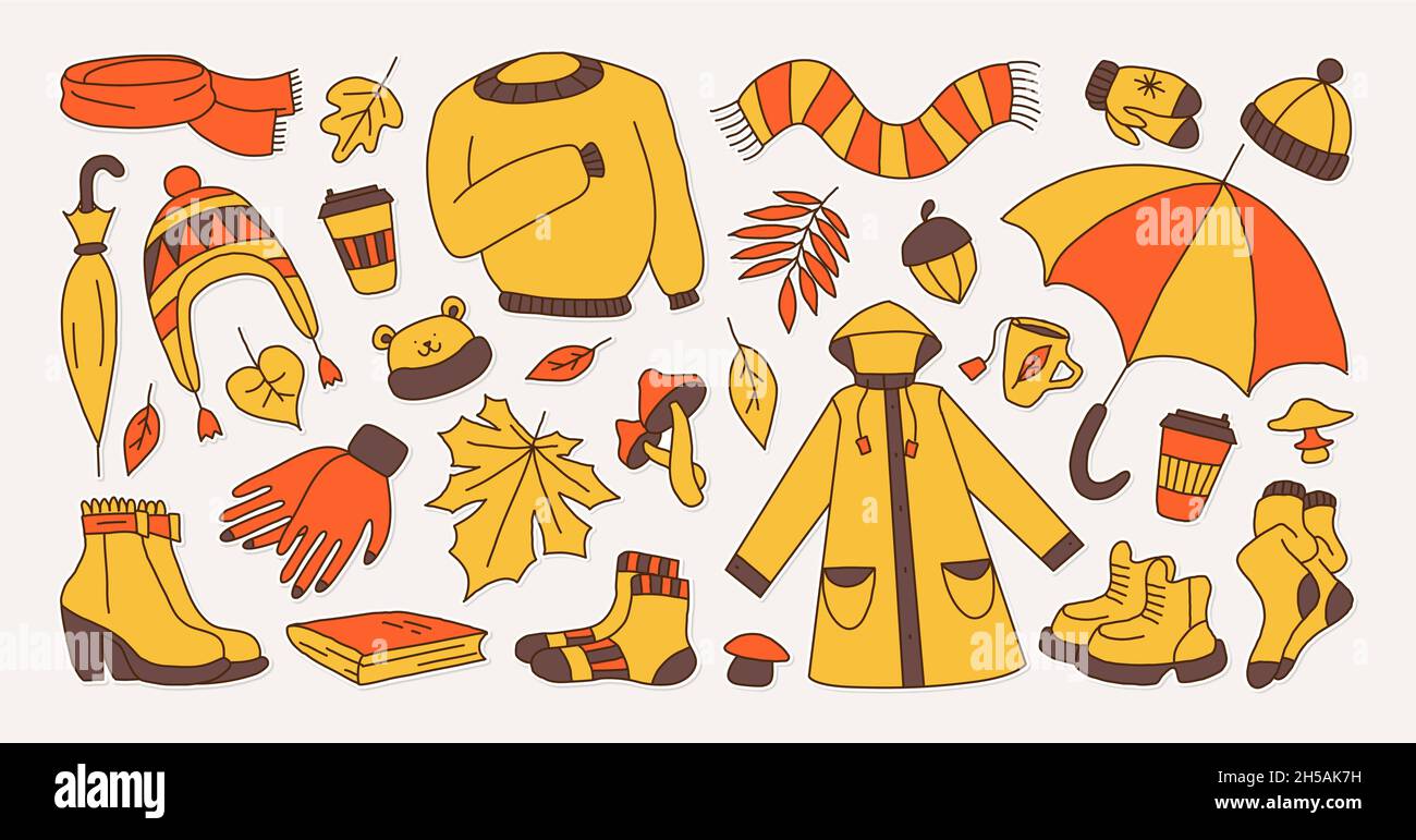 set of icons symbolizing autumn, bright cartoon childish style Stock ...