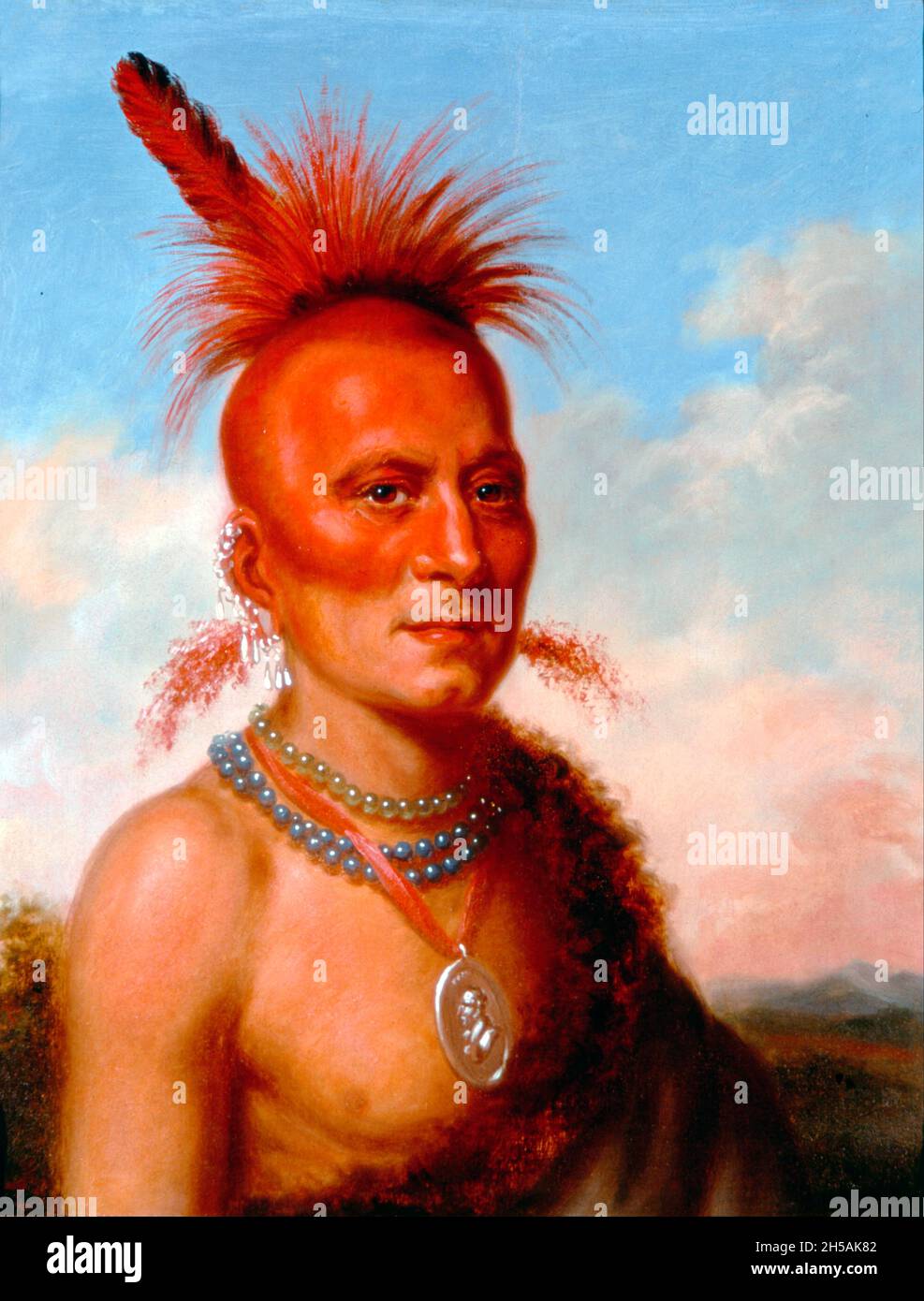 hand colored lithography of a portrait of Sharitarish (Wicked Chief), Pawnee chief from the book ' History of the Indian Tribes of North America with biographical sketches and anecdotes of the principal chiefs. ' Volume 2 of 3 by Thomas Loraine, McKenney, and James Hall Esq. Published in 1842 Painted by Charles Bird King Stock Photo