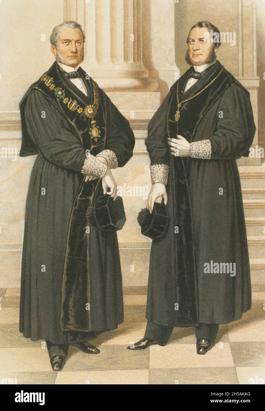 President of the Supreme Court of Justice (left) and Judge of Hearing (right). Chromolithography. Historia de las Ordenes de Caballería y de las Condecoraciones Españolas (History of the Orders of Chivalry and the Spanish Decorations). Madrid, 1865. Spain. Stock Photo
