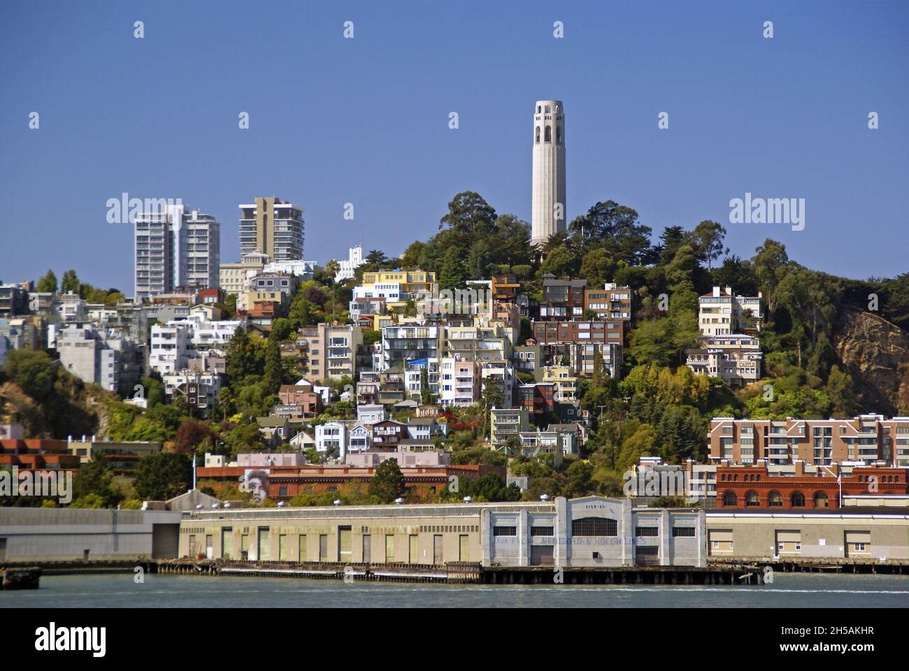 San Francisco in California: Telegraph Hill and the Coit Tower from the Tiburon Ferry. Stock Photo