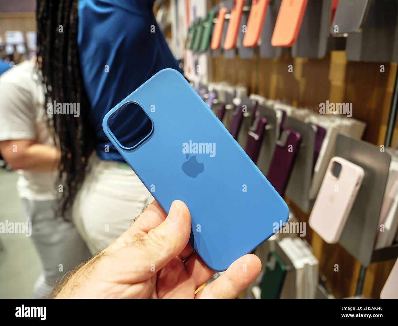 Pov Male Hand Holding Silicone Protection Case Of Iphone 13 Pro At The Apple Store As Latest New 5g Iphone 13 13 Pro Stock Photo Alamy