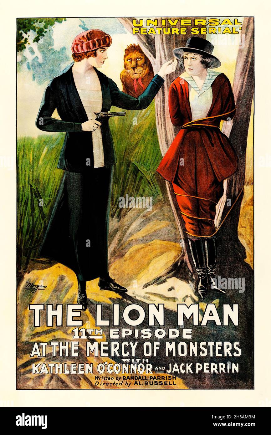 Vintage Movie poster: The Lion Man (Universal, 1919) episode 11 At The Mercy of Monsters. Kathleen O'Connor and Jack Perrin. Stock Photo