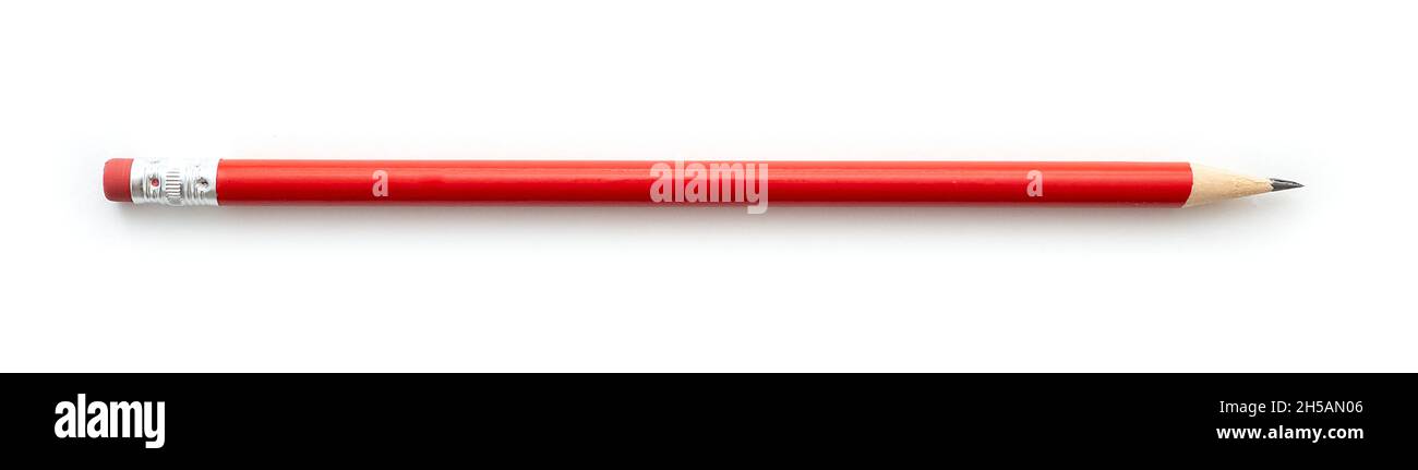 Red pencil with eraser isolated on white. Graphite pencil, red color, side view Stock Photo