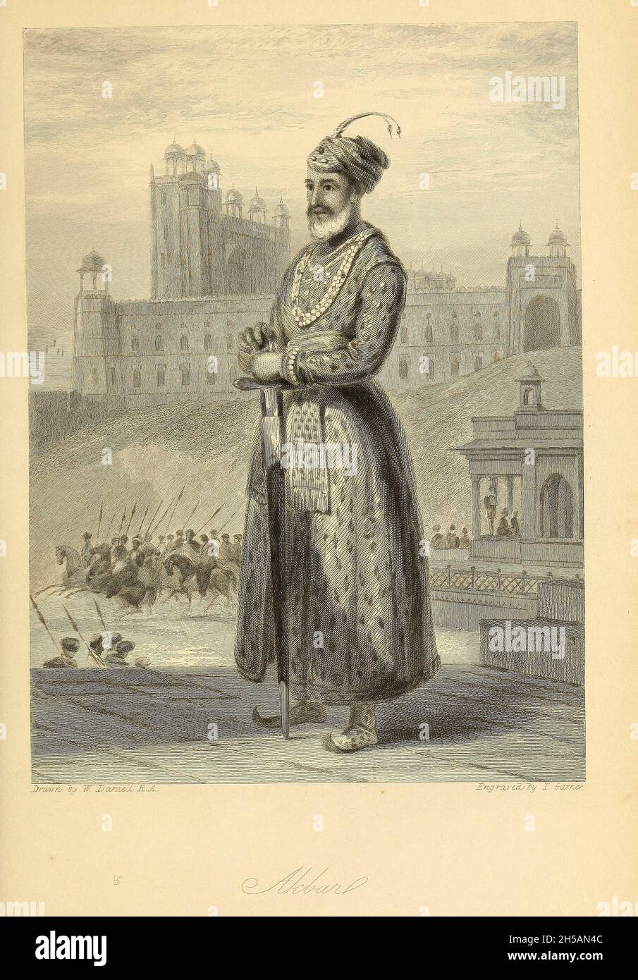 Abu'l-Fath Jalal-ud-din Muhammad Akbar (25 October 1542– 27 October 1605), popularly known as Akbar the Great (Akbar-i-azam), and also as Akbar I was the third Mughal emperor, who reigned from 1556 to 1605. Akbar succeeded his father, Humayun, under a regent, Bairam Khan, who helped the young emperor expand and consolidate Mughal domains in India. From the book ' The Oriental annual, or, Scenes in India ' by the Rev. Hobart Caunter Published by Edward Bull, London 1838 engravings from drawings by William Daniell Stock Photo