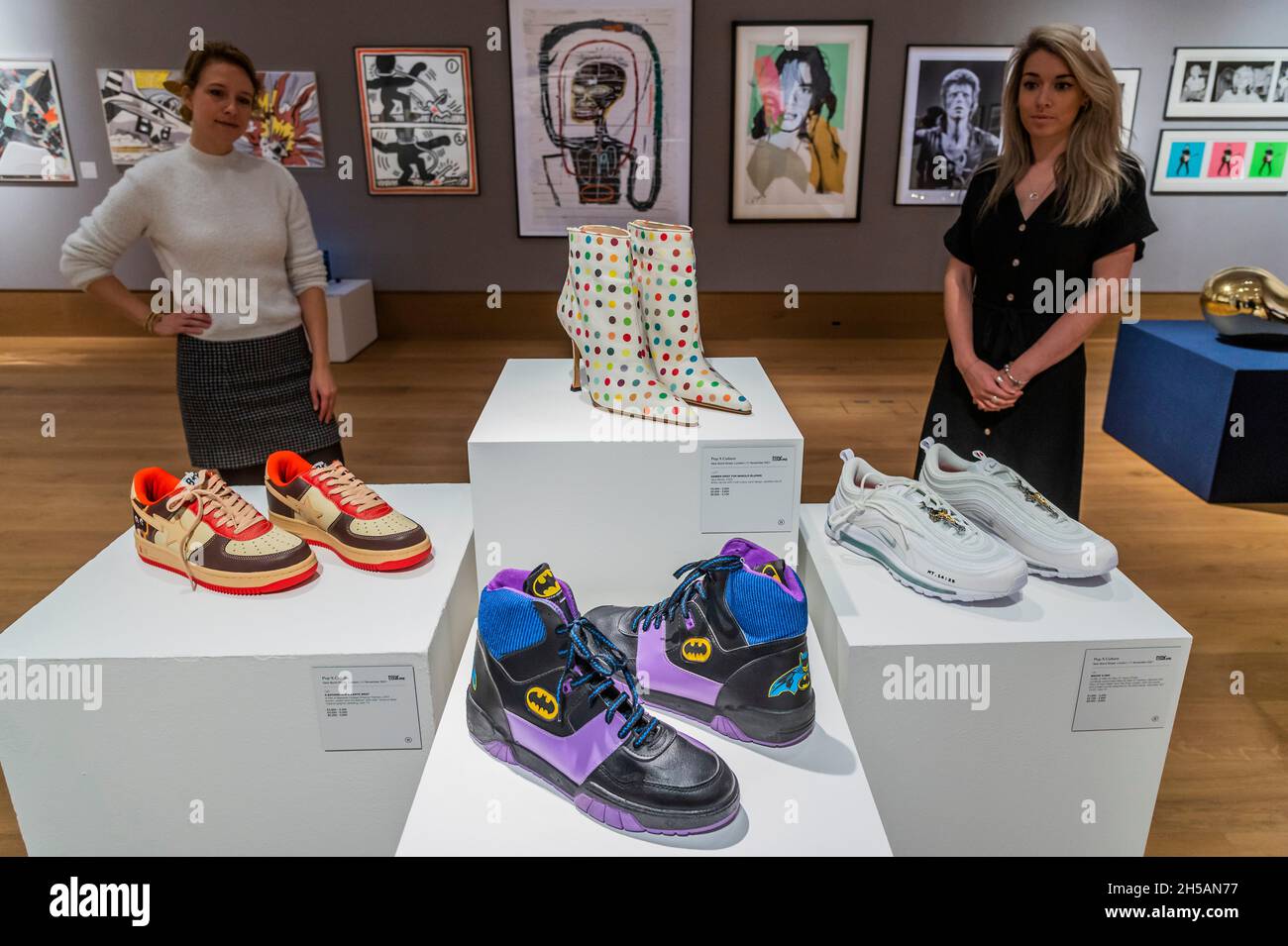 London, UK. 8th Nov, 2021. Shoes including Spot boots, 2002, created by Damian Hirst for Manolo Blahnik, est £2-3000 - Preview of Bonhams' Pop x Culture sale. The sale takes place sale on 11 November at New Bond Street. Credit: Guy Bell/Alamy Live News Stock Photo
