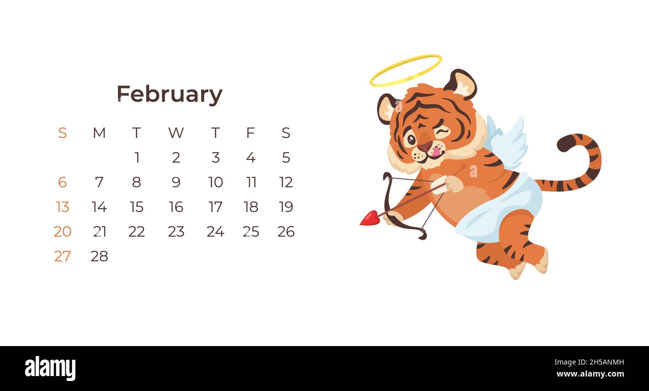 Cute cartoon tiger February 2022 calendar horizontal template. Stock Vector