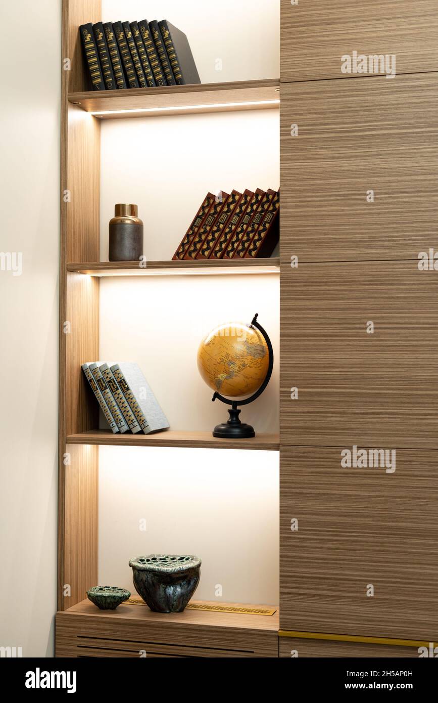 Book rack with books and globe in the office modern interior. Soft selective focus, art noise Stock Photo