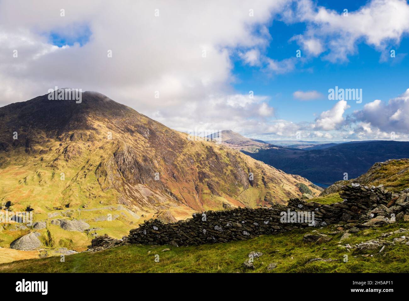 Y Lliwedd mountain across Cwm Llan from Yr Aran mountainside in Snowdonia National Park. Gwynedd, north Wales, UK, Britain Stock Photo