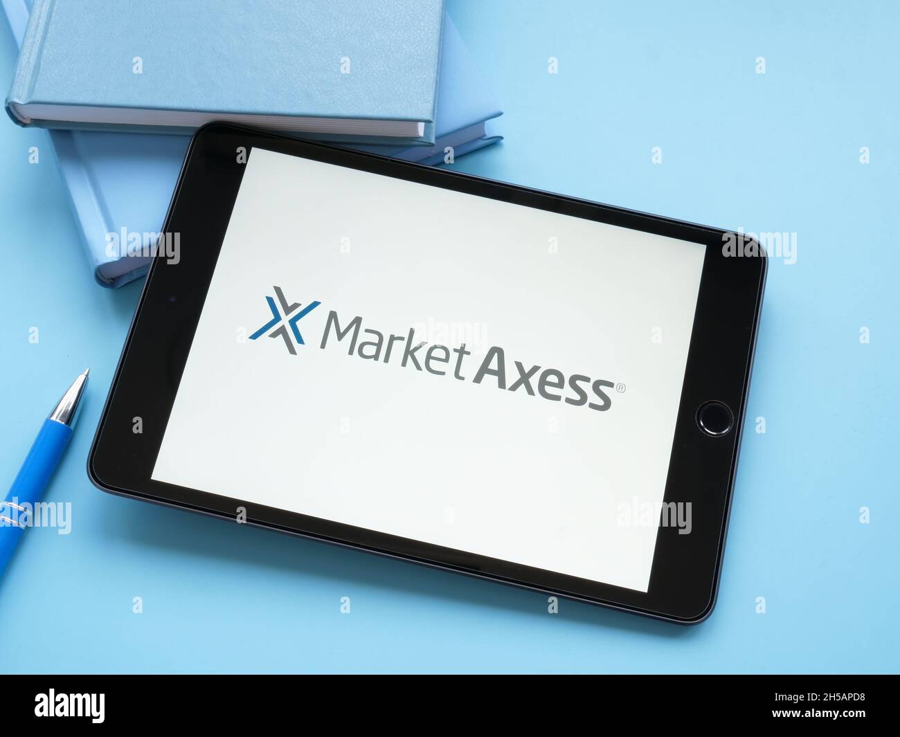 KYIV, UKRAINE - October 21, 2021. MarketAxess Holdings Inc logo on the screen. Stock Photo
