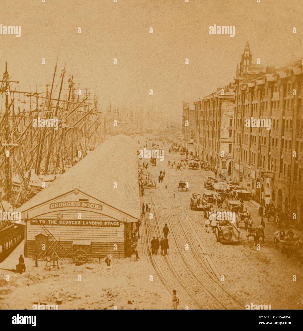 Vintage photo circa 1889 George's dock in Liverpool England, showing the quayside and sailing ships Stock Photo