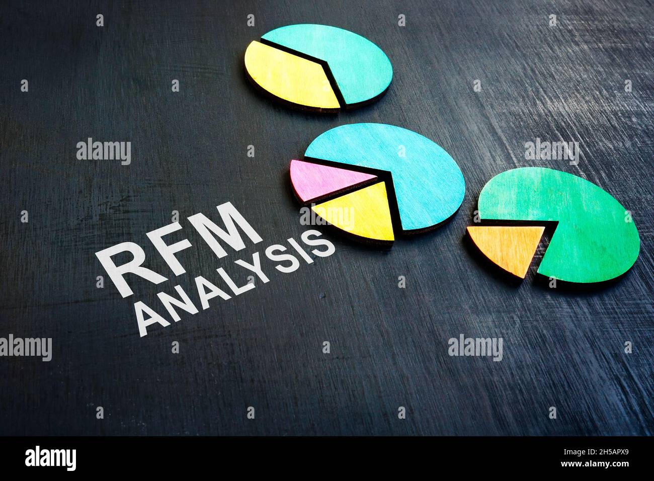 RFM Recency, Frequency, Monetary Analysis words and business charts. Stock Photo