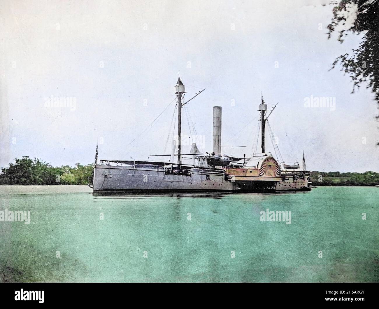 [Machine Colorized] U.S. GUNBOAT MENDOLA STATIONED ON THE JAMES RIVER, 1864-5 from The American Civil War book and Grant album : 'art immortelles' : a portfolio of half-tone reproductions from rare and costly photographs designed to perpetuate the memory of General Ulysses S. Grant, depicting scenes and incidents in connection with the Civil War Published  in Boston and New York by W. H. Allen in 1894 Stock Photo