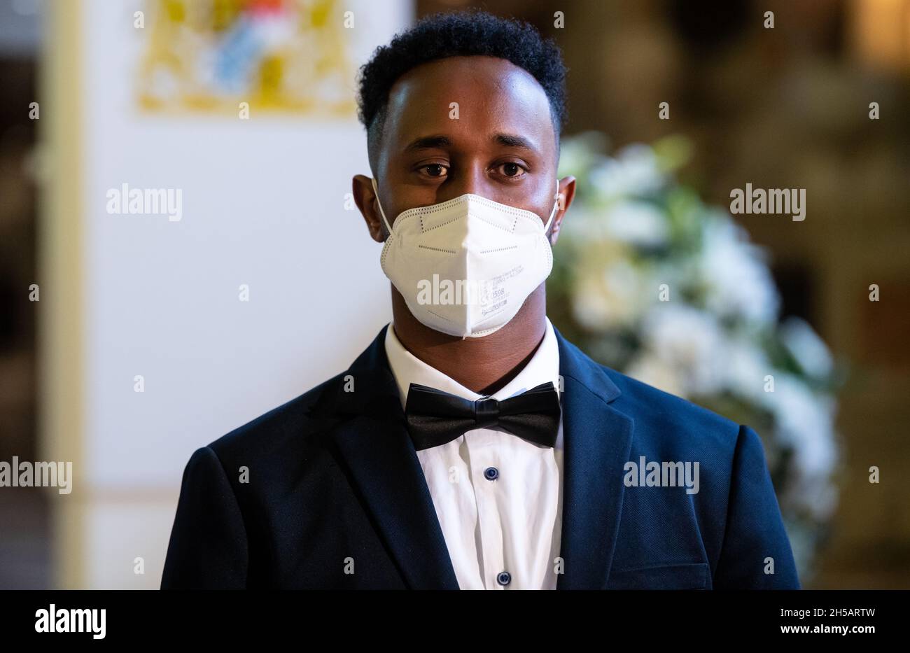Munich, Germany. 08th Nov, 2021. Ahmed Hirsi Mohamed was awarded the Bavarian Rescue Medal by the Bavarian Minister President at the Residence. The Bavarian Rescue Medal is awarded to those who have risked their own lives to save a person from mortal danger. Credit: Sven Hoppe/dpa/Alamy Live News Stock Photo