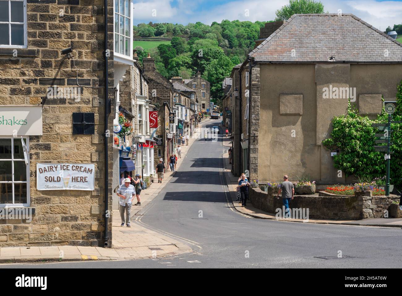 Pateley Bridge, view in summer of the steep High Street in the town of