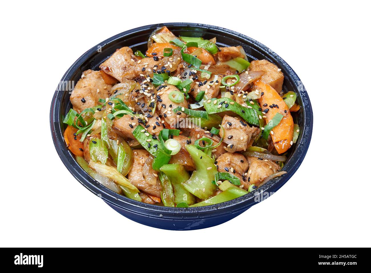 Delivery round box with chicken and ginger. Isolated with clipping path Stock Photo