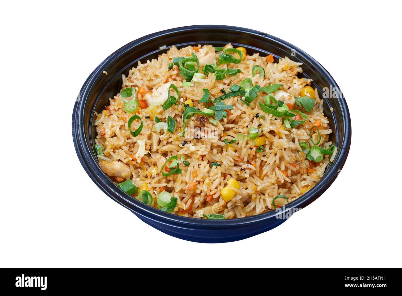 Delivery round box with chicken and Rice. Isolated with clipping path Stock Photo