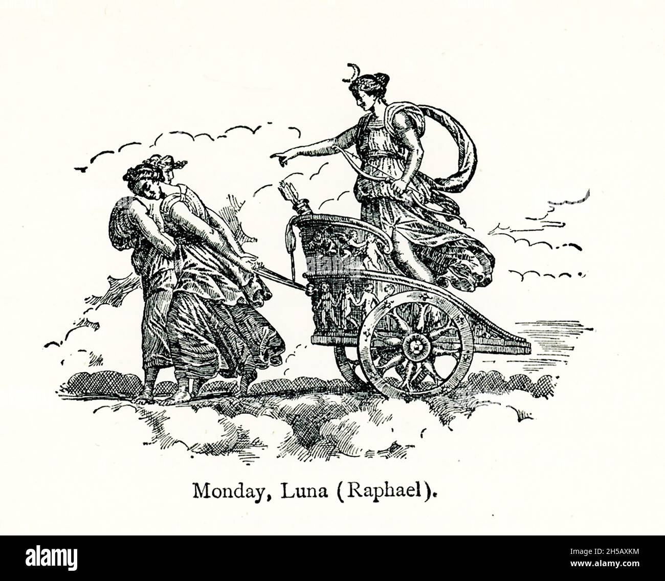 This illustration shows the roman moon goddess Luna in her chariot being pulled by two women. It dates to 1695, an engraving by Lasinio, patterned after a roundel in the ceiling painting (based on drawings by Raphael) of the Sala Borgia in the Vatican that is based on drawings in 1516 by the Italian artist Raphael. Stock Photo
