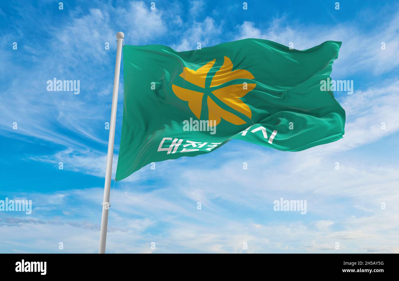 flag of Daejeon , South Korea at cloudy sky background on sunset, panoramic view. Korean travel and patriot concept. copy space for wide banner. 3d il Stock Photo