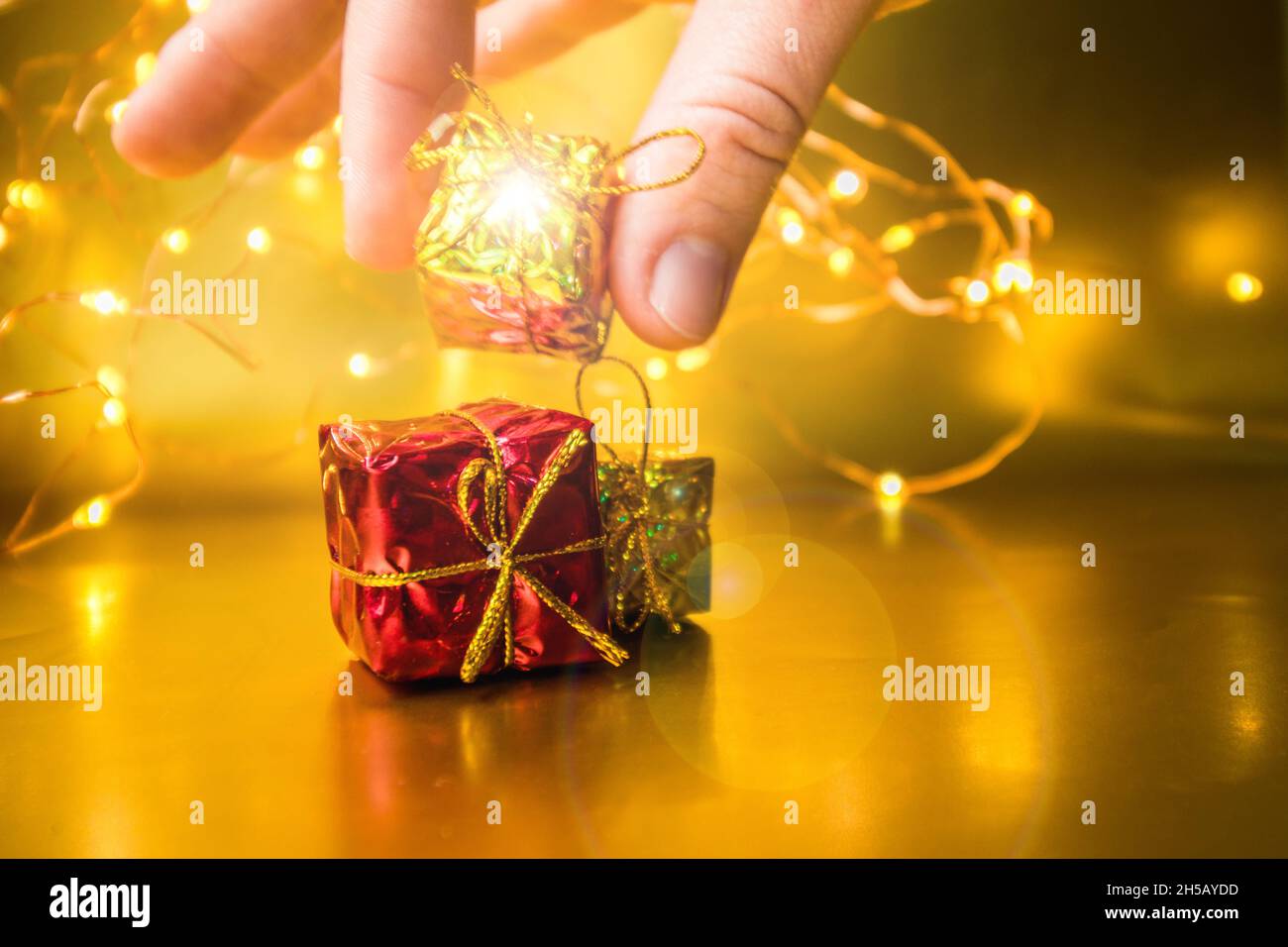 Christmas background with gifts. New Year presents. Stock Photo