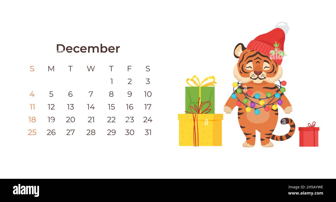 Cute cartoon tiger December 2022 calendar horizontal template. Stock Vector
