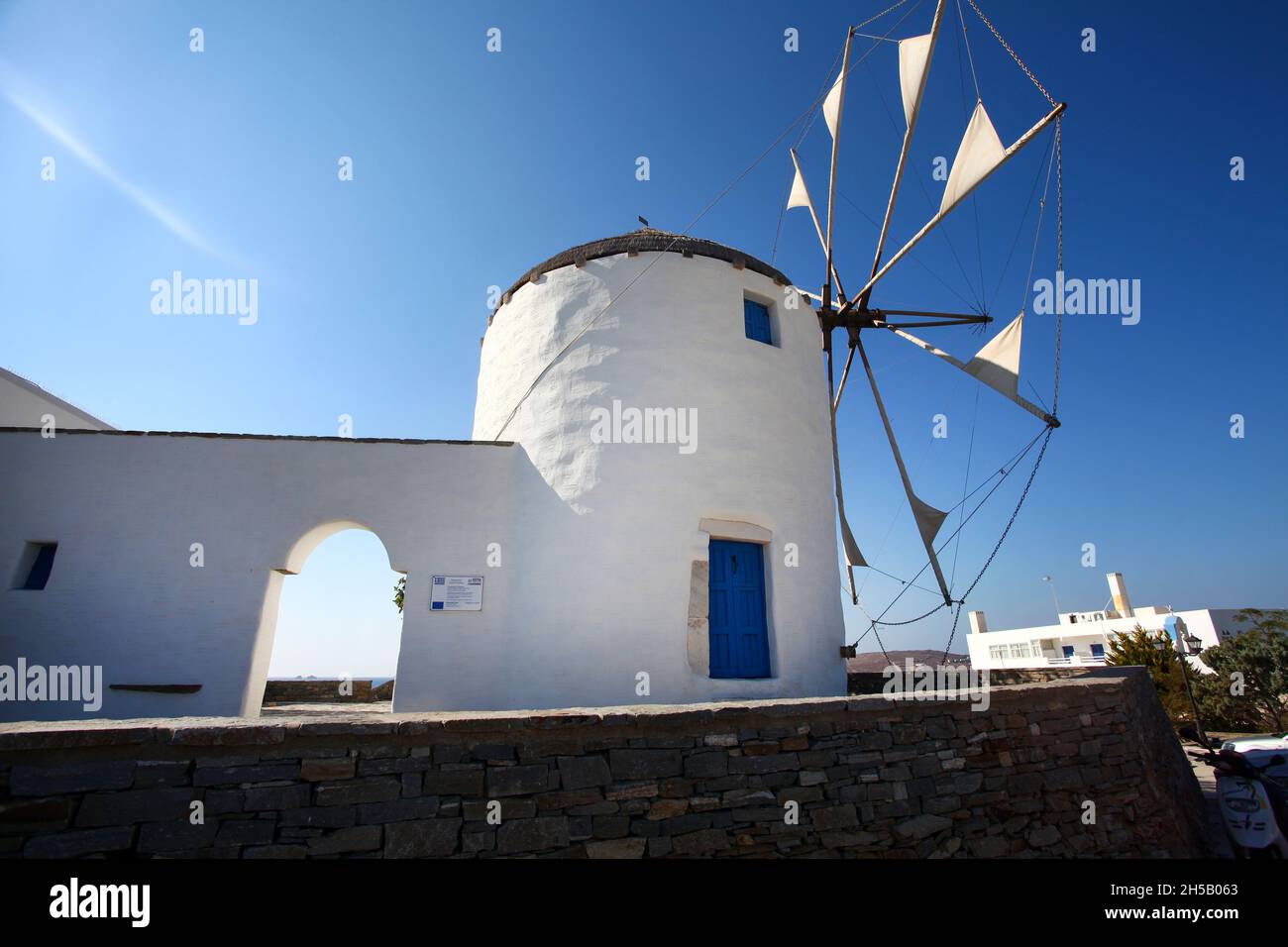 windmill on Paros, a Greek island in the central Aegean Sea. One of the Cyclades island group, Greece Stock Photo