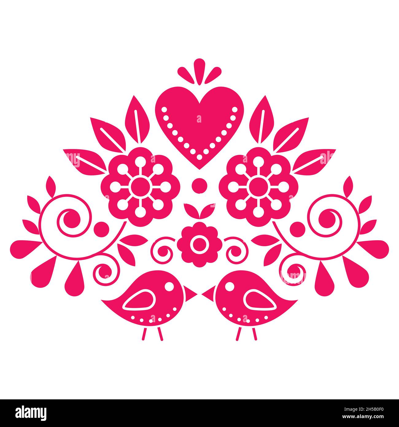 Swedish folk art vector cute pattern with pink birds, heart, and flowers inspired by the traditional Scandinavian art - Valentine's Day greeting card Stock Vector