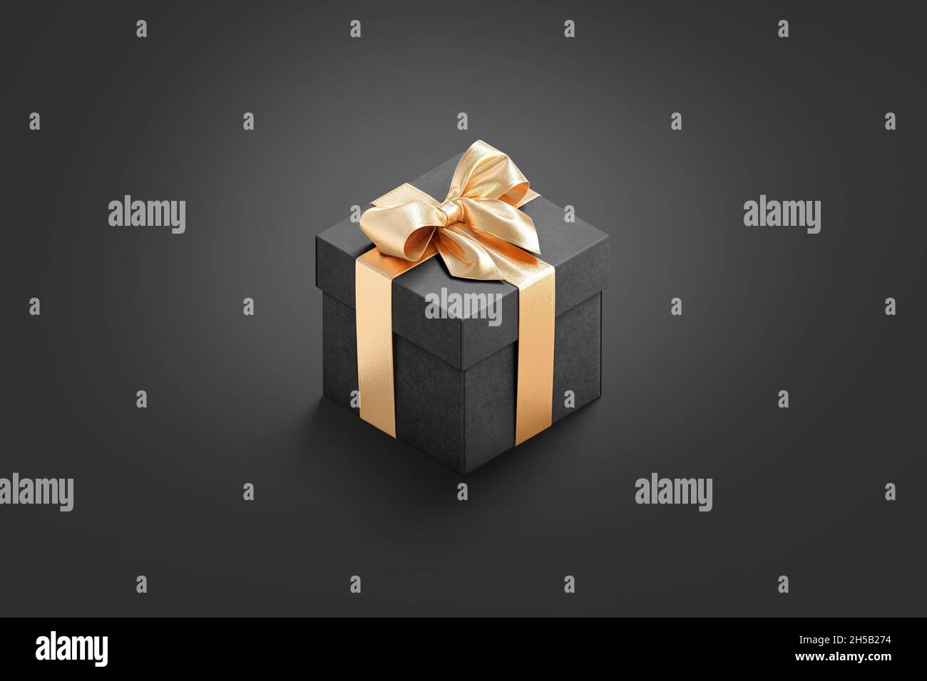 Blank black gift box with gold ribbon mockup, dark background, 3d