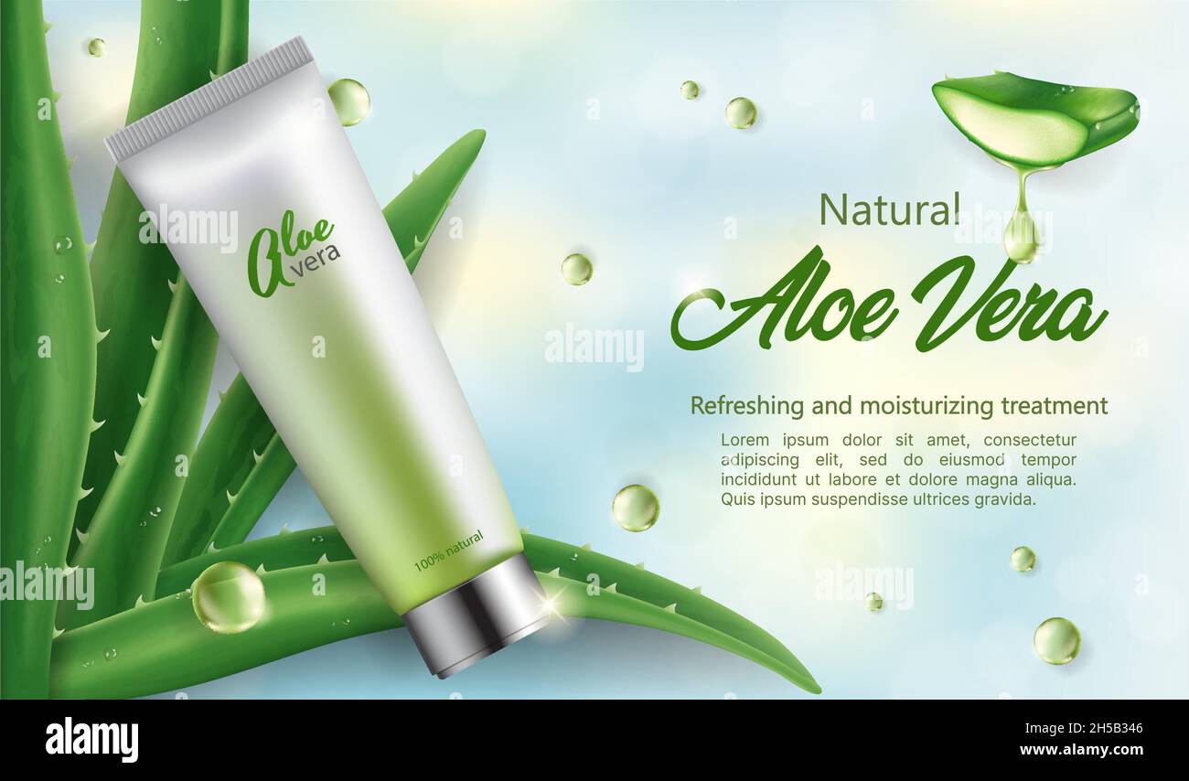 Banner of Natural skin care cosmetics with Aloe Vera, realistic vector illustration close-up Stock Vector
