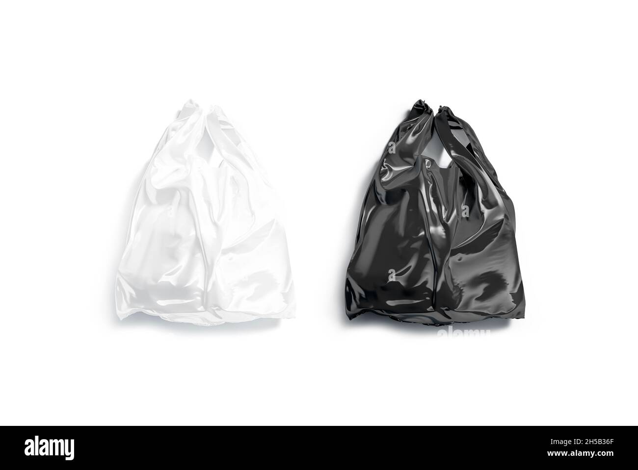 Blank black and white full loop handle plastic bag mockup, 3d endering.  Empty crumpled poly parcel mock up, top view, isolated. Clear cary wrapping  fo Stock Photo - Alamy