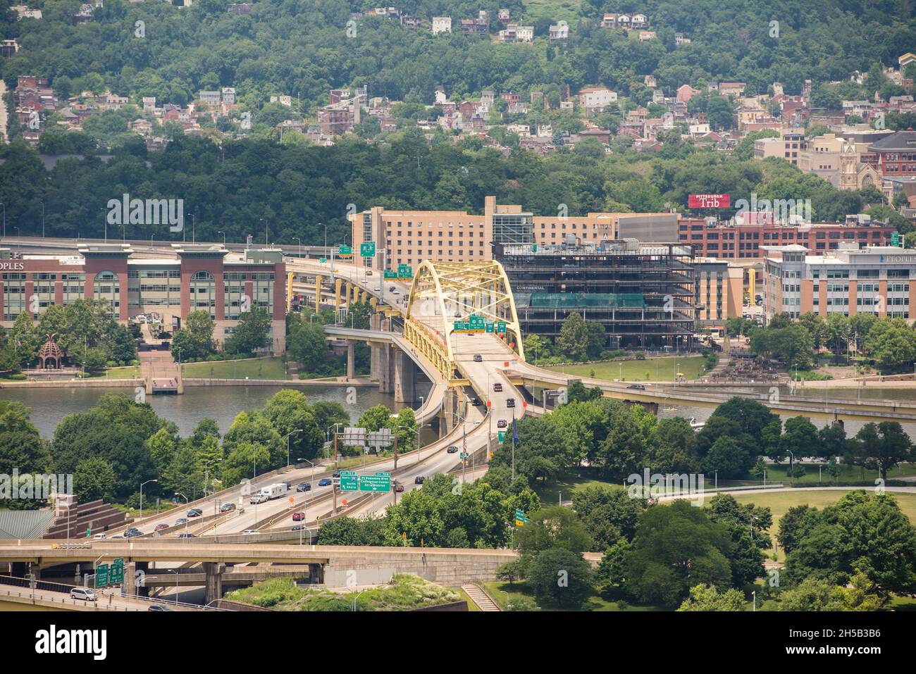 Aerial view of Pittsburgh PA golden bridge. Stock Photo