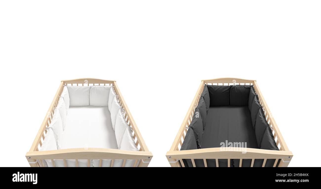 Blank wood cot with black and white crib sheet mockup, 3d rendering. Empty fabric protection bumper on lattice bassinet mock up, isolated. Clear recta Stock Photo