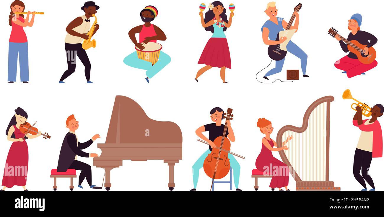 Musicians characters. Flat pop star, young people band. Cartoon guitarist, jazz concert and singer. Isolated music artist decent vector set Stock Vector