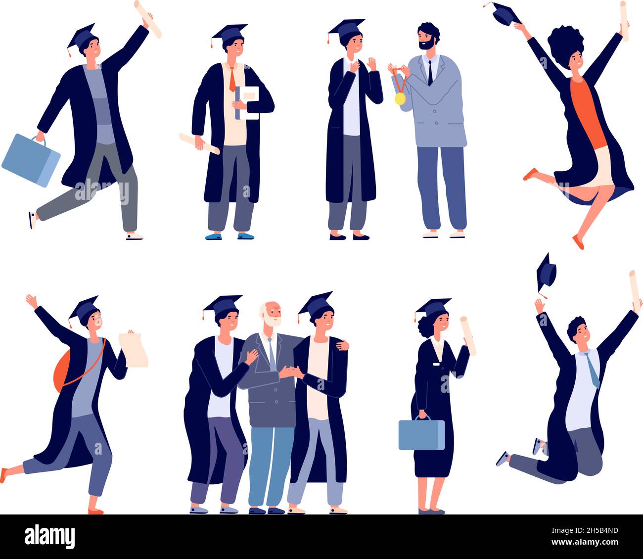 Graduate characters. College students, happy university graduating people. Boy girl with diploma medals, isolated academic utter vector set Stock Vector