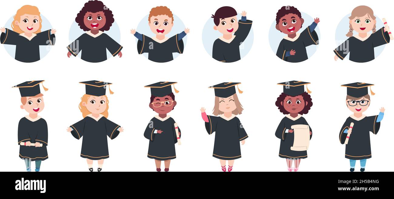 Happy graduation characters. Preschool graduates, cute cartoon little students with diploma. Isolated funny children avatars vector set Stock Vector